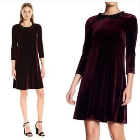 Betsey Johnson Velour Jeweled Neckline Dress in Burgundy - Picture 7 of 11